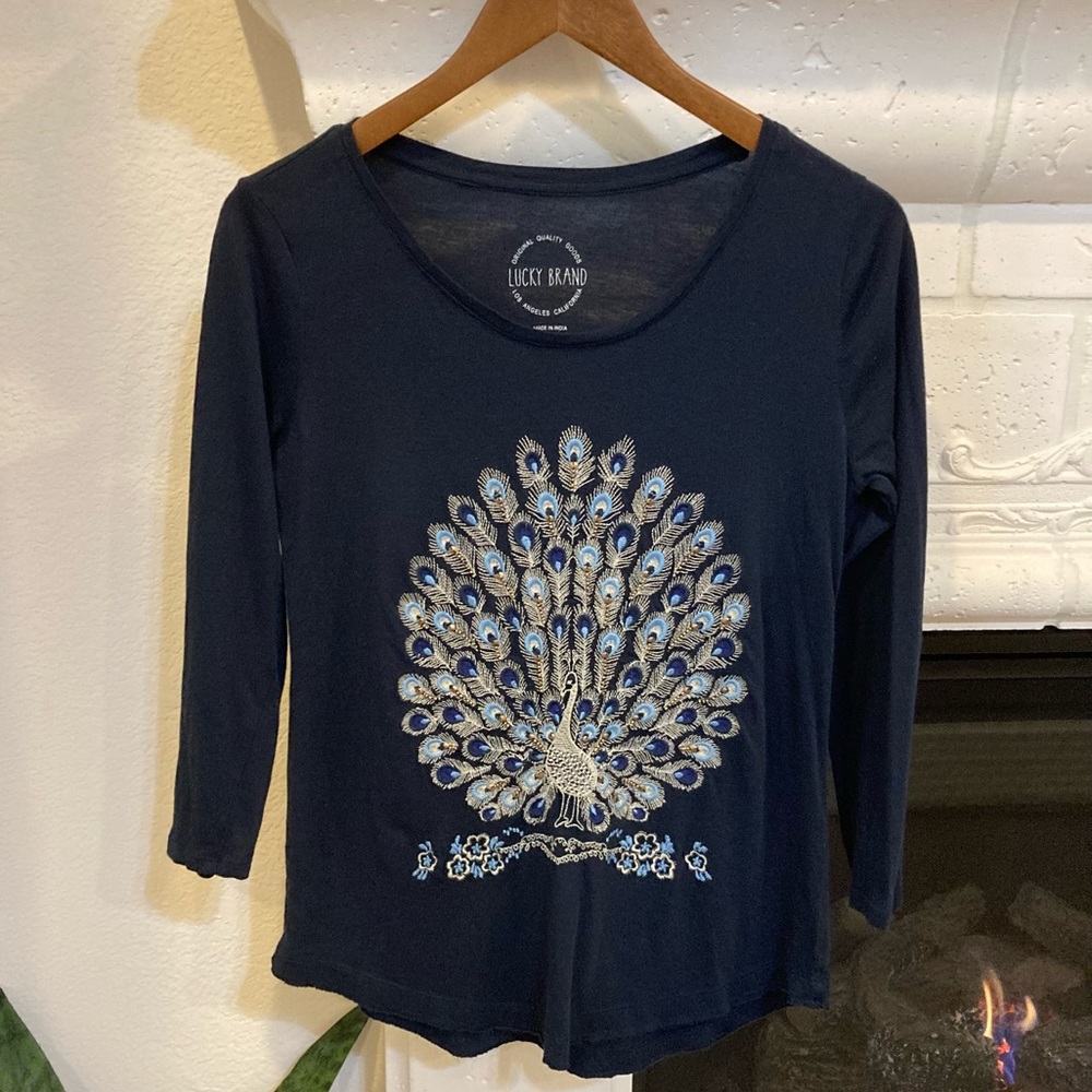 Lucky Brand Navy Blue Long Sleeve Tee with Embroidered Peacock